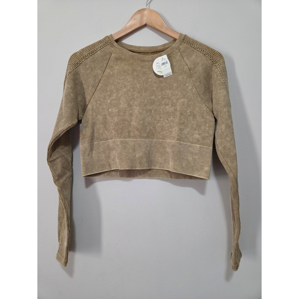 OFFLINE by Aerie Seamless Ribbed Crop‎ Top Tan Acid Wash Long Sleeve Large NWT